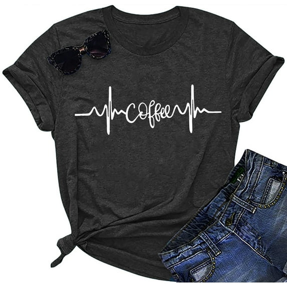 Women Shirt Funny Coffee Letter Print Graphic Shirt Casual Vacation Short sleeve