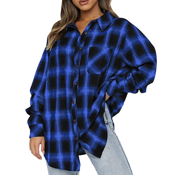 Women Shirt Jacket Long Sleeve Casual Plaid Blouses Button Down Shirt Tops