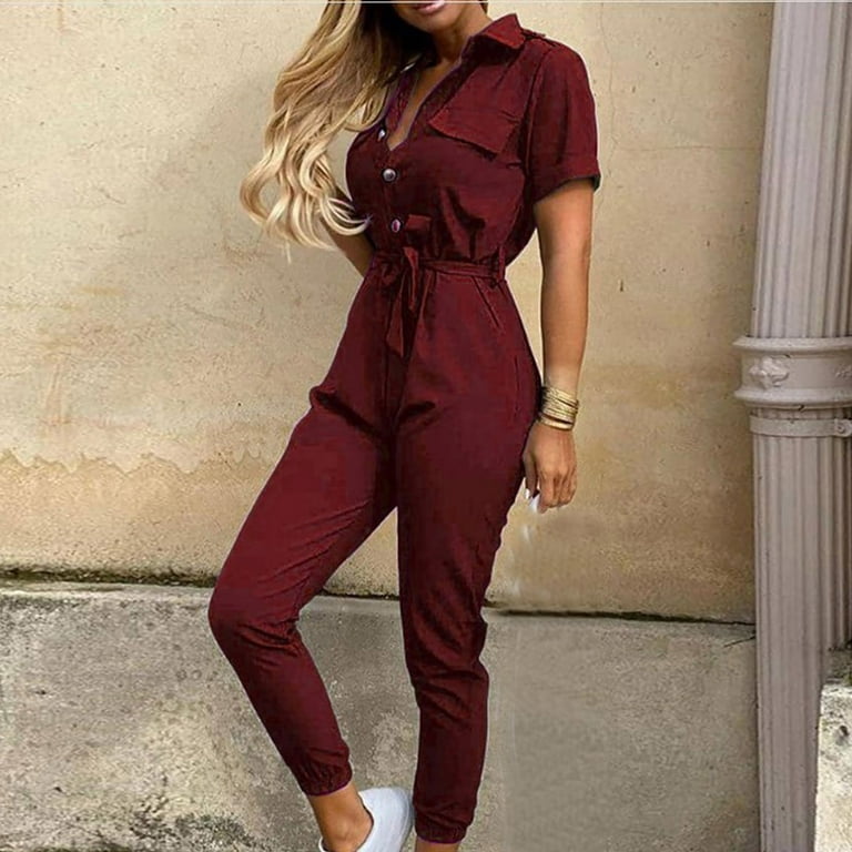 Women Shirt Jumpsuits Cargo One-piece Outfit Button Belted Romper Short  Sleeve Summer Casual Onesie Jumpsuit