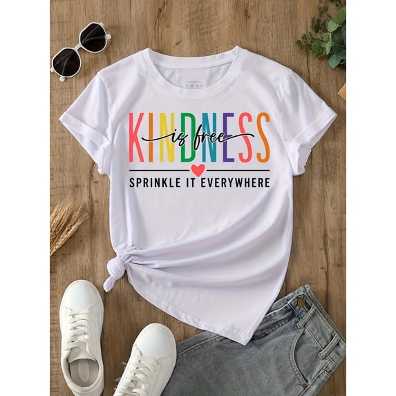 Women Shirt Kindness Is Free Graphic Tee Rainbow Letter Print Casual Short Sleeve T-Shirt