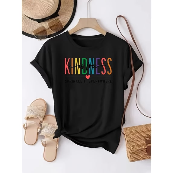 Women Shirt Kindness Is Free Graphic Tee Rainbow Letter Print Casual Short Sleeve T-Shirt