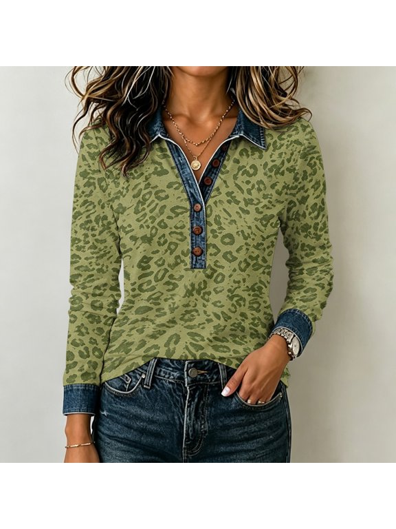 Women Shirt Leopard Color Block Denim Collar Button Long Sleeve Henley Top Ladies Tee