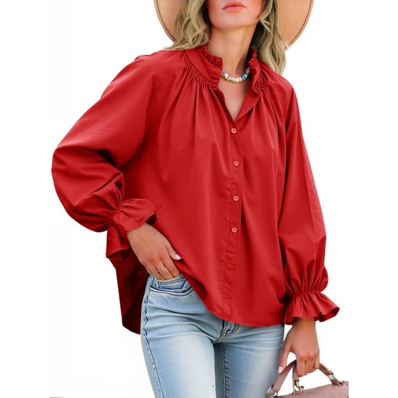 Women Shirt Long Sleeved Button Up Shirt Pleated V Neck Shirt Loose Casual Fluffy Top