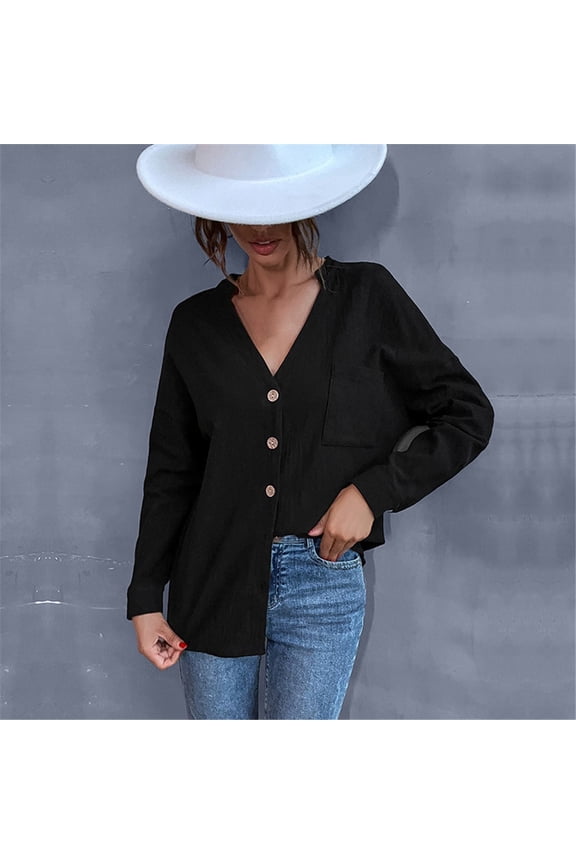 Women Shirt Loose Black Button Shirts Long Sleeve V Collar Spring Autumn Blouse Top