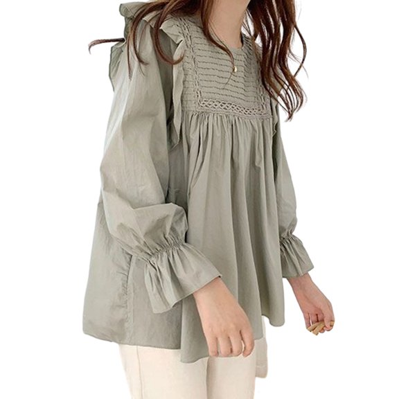 Women Shirt Round Neck Lantern Long Sleeve Pullover Tops Solid Color Loose Fit Ruffle Trim Pleated Blouse Daily Wear