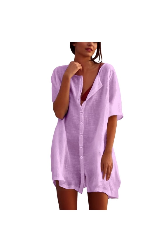Women Shirt Short Sleeve Drop Shoulder Shirt Dress for Women Solid Crewneck Loose Fit Casual Blouse Tunic with Pocket Purple M