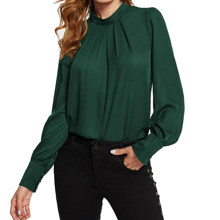 Turtleneck loose high 2024 neck lantern sleeve ladies chiffon shirt casual Top