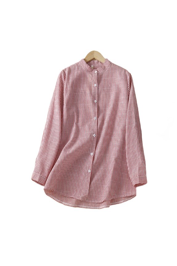 Women Shirt Stand Collar Long Sleeve Single Breasted Shirt Tops Vertical Striped Print Loose Fit Office Lady Blouse