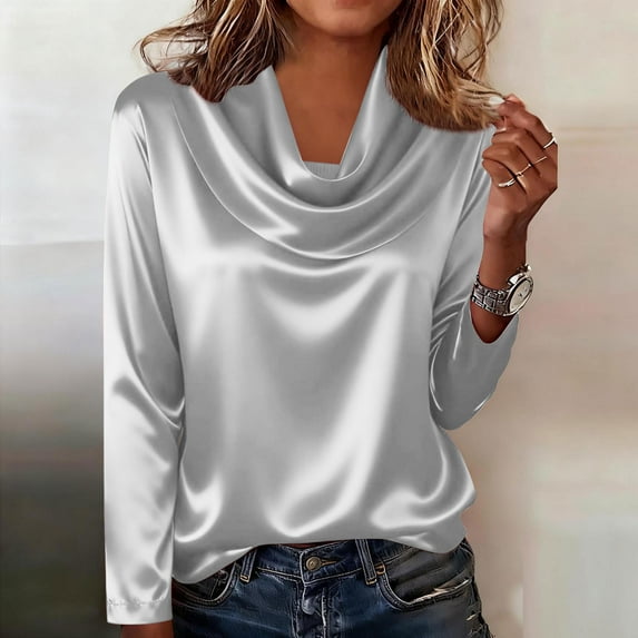 Women Shirt Top, 2026 New Solid Color Temperament Swinging Collar Pleated Collar Satin Long Sleeve Blouse, Made of Comfortable Material, Perfect for Daily and Special Occasions.
