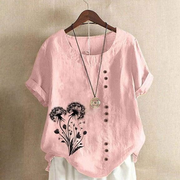 Women Shirt Women Blouse Tops Shirts for Women Trendy Summer Womens Fitted Tshirt Woman Tee Shirt Women Fashion Casual Linen Printed Short Sleeve Button T-Shirt Blouse