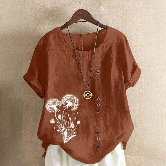 Women Shirt Women Blouse Tops Shirts for Women Trendy Summer Womens Fitted Tshirt Woman Tee Shirt Women Fashion Casual Linen Printed Short Sleeve Button T-Shirt Blouse