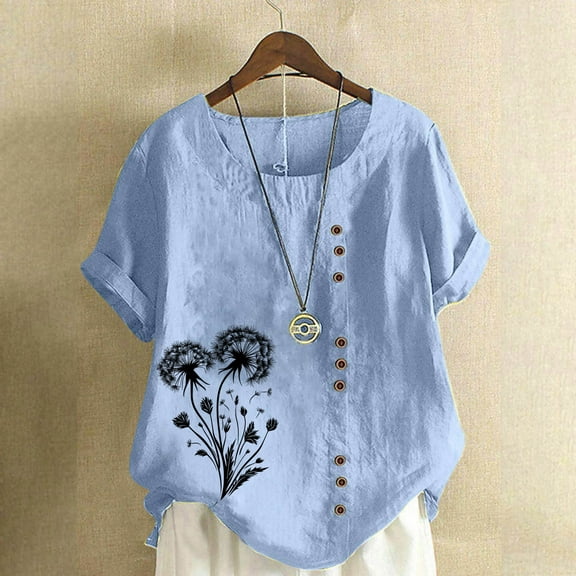 Women Shirt Women Blouse Tops Shirts for Women Trendy Summer Womens Fitted Tshirt Woman Tee Shirt Women Fashion Casual Linen Printed Short Sleeve Button T-Shirt Blouse
