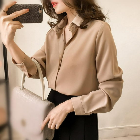 Women Shirts Blouses Long Sleeve V Neck Turn-down Collar Chiffon OL Office Style Blouse Tops