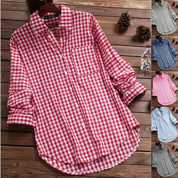 Women Shirts Casual, Baberdicy Women's Plaid Shirts Lapel Collar Long Sleeve Button down Vintage Casual Blouses , Black 5Xl