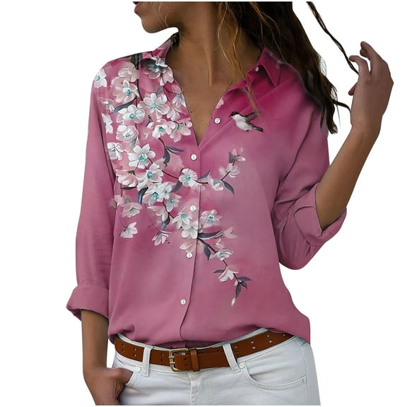 Women Shirts Casual Elbow Sleeve Shirts Women Plant Printed Long Sleeved Quarter Sleeved V-neck Cardigan Tops Blouse