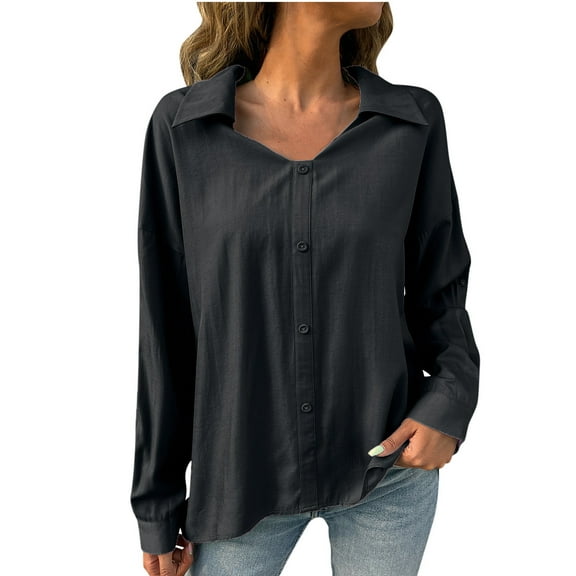Women Shirts Casual Lapel Button Long Sleeve Solid Color Shirts Loose Comfy Cardigan Blouse Black L