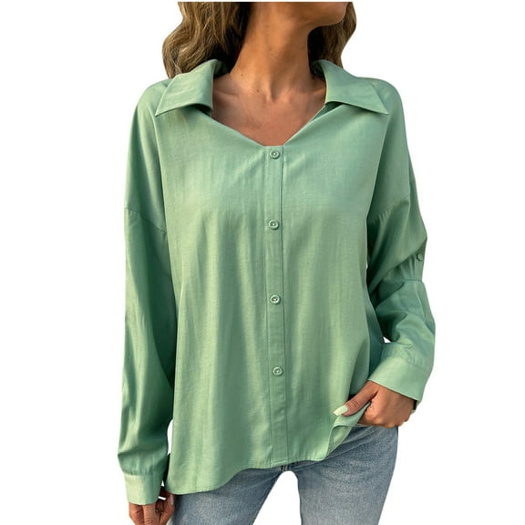 Women Shirts Casual Lapel Button Long Sleeve Solid Color Shirts Loose Comfy Cardigan Blouse Green S