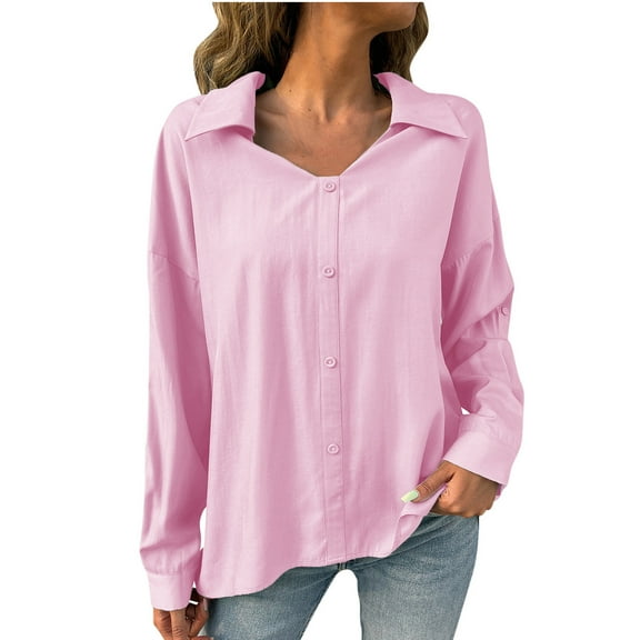 Women Shirts Casual Lapel Button Long Sleeve Solid Color Shirts Loose Comfy Cardigan Blouse Pink L