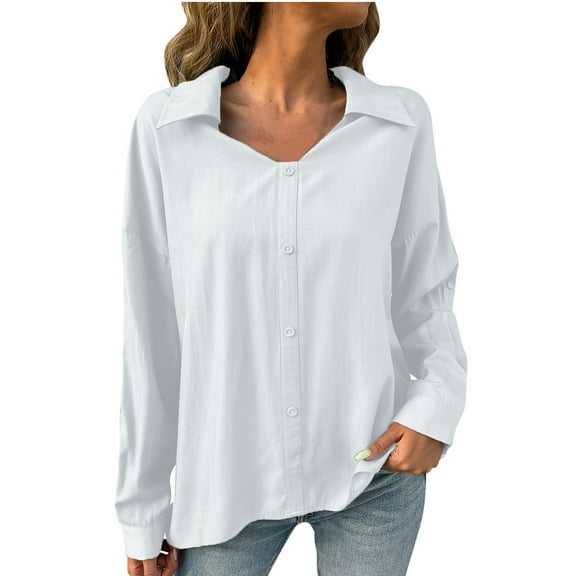 Women Shirts Casual Lapel Button Long Sleeve Solid Color Shirts Loose Comfy Cardigan Blouse White M