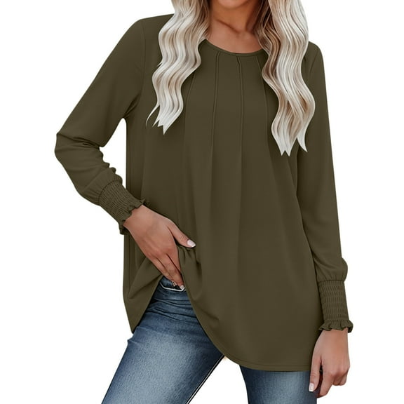 Women Shirts Casual Long Sleeve Blouse with Round Neck and Pleated Detail for A Relaxed Elegant Style Green M