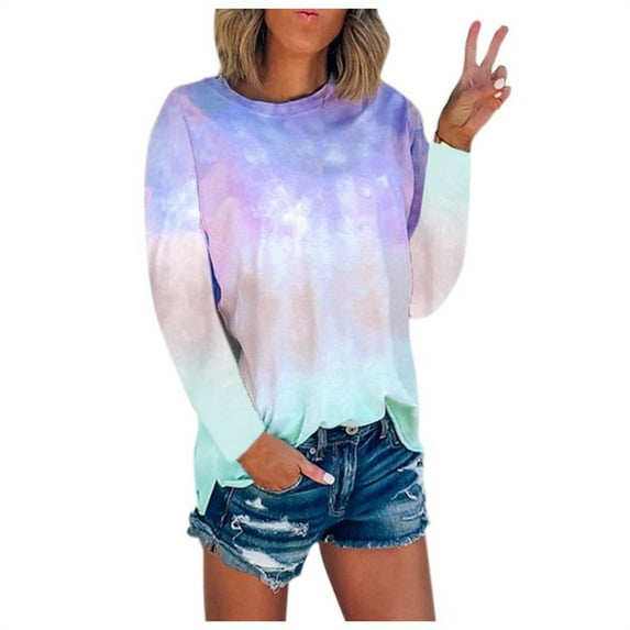 Women Shirts Casual Tie-Dye Print Long Sleeve T-Shirt