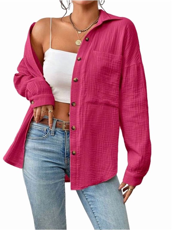 Women Shirts Casual Turn Down Collar Long Sleeve Top Elegant Blouses for Women Rose Red L