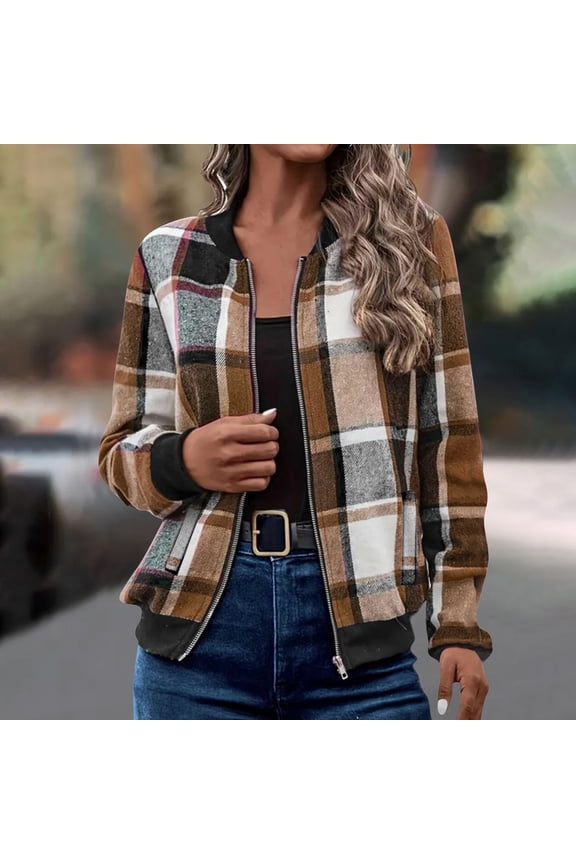 Women Shirts Casual Zip Up Flannel Plaid Jackets Long Sleeve Baggy Outwear Coat Fall Pockets Jacket,Brown Women Shirts L