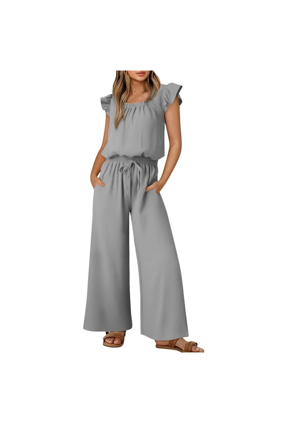 Women Shirts One-Piece Jumpsuits for Women Linen Casual Summer Jumpers Crewneck Ruffled Pleated Overalls Drawstrng Wide Leg Loose Romper with Pockets Beach Vacation Clothes