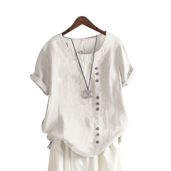 Women Shirts Cotton Linen Tops Short Sleeve Loose Classic Shirt Blouse O Neck Button Tees