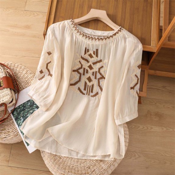 Women Shirts Embroidered Tops For Women Floral Cotton Linen Tunic Tshirt Tee Women 3/4 Sleeve V Neck Button Boho Ethnic,Beige Women Shirts XL