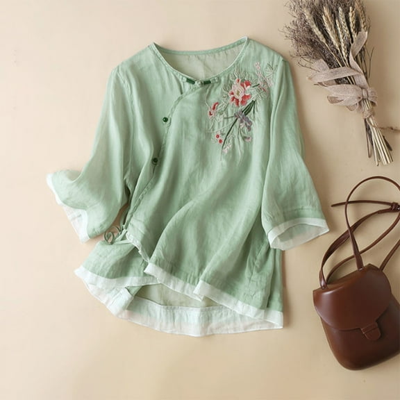 Women Shirts Embroidered Tops For Women Floral Cotton Linen Tunic Tshirt Tee Women 3/4 Sleeve V Neck Button Boho Ethnic,Green Women Shirts 4XL