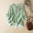 thumbnail image 1 of Women Shirts Embroidered Tops For Women Floral Cotton Linen Tunic Tshirt Tee Women 3/4 Sleeve V Neck Button Boho Ethnic,Green Women Shirts XL, 1 of 6