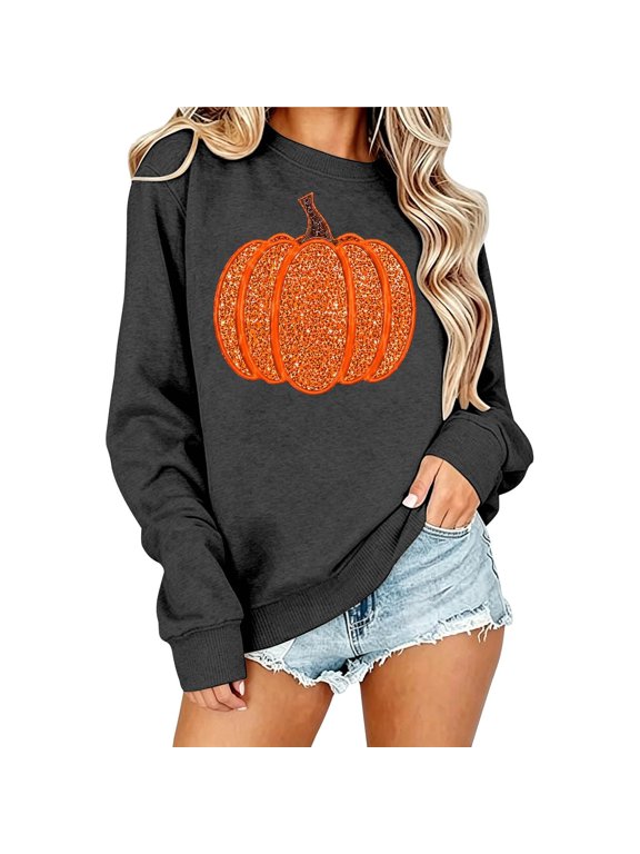 Women Shirts Fall, for Her Sparkly Sequin Pumpkin Graphic Loose Fit Sweatshirt for Trick or Treat and Daily Wear Spooky Style Round Neck Long Sleeve