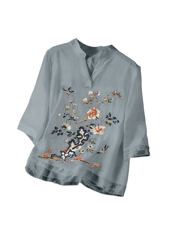 Women Shirts Fashion Summer Casual Elegant Three Quarter Sleeve Tops Blouses Loose Fit Shirts