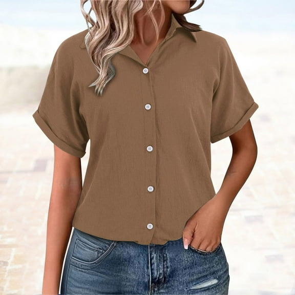 Women Shirts Generisch Muslin Blouse Summer Shirt Blouse Cotton Short Sleeve Linen Blouse Tops V Neck Long Blouse Tunic,Brown Shirts L