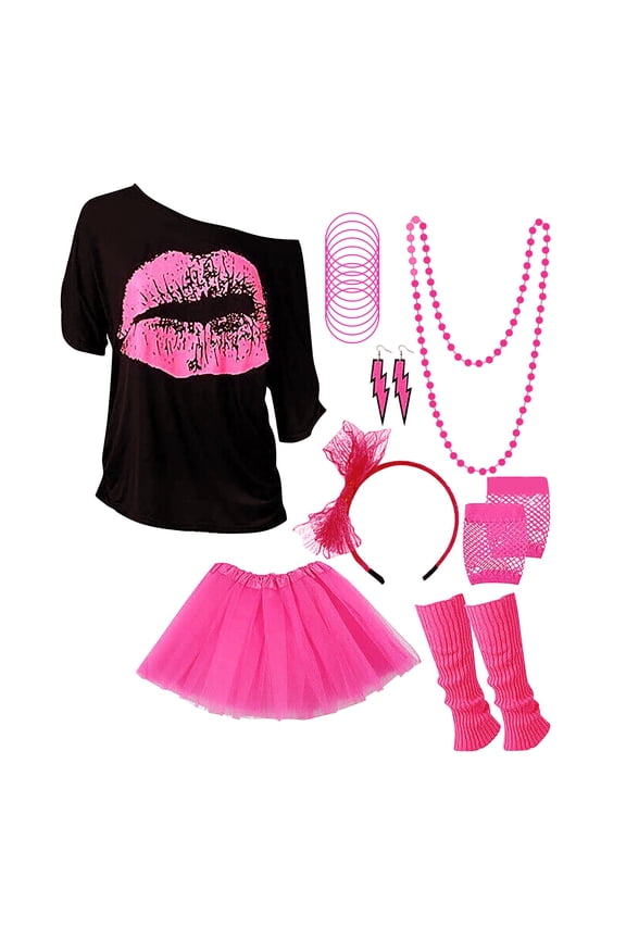 Women Shirts Hot Pink 80s Outfit for Women Love off the Shoulder T Shirts Novelty Women Top Clothes for 80s Party Oversized Costume Mid Sleeve Length T Shirts