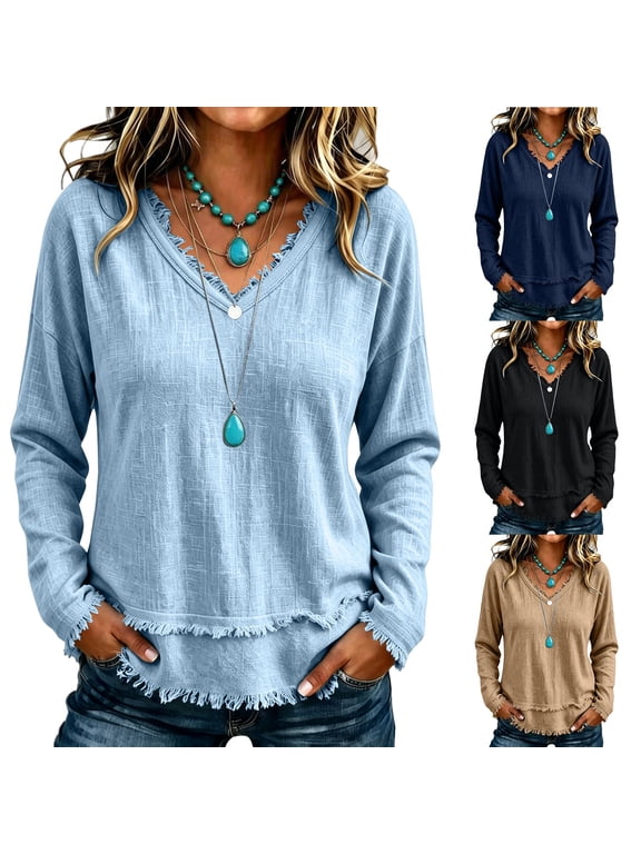 Women Shirts Kelon Women's Boho Tops V Neck Long Sleeve Shirts Casual Loose Fit Blouses with Raw Hem and Fringe Detail - Relaxed Tunic Tees for Fall, Work & Beach Vacation, 2XL