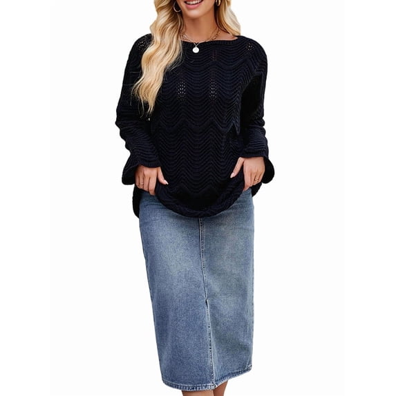 Women Shirts Knit Off-Shoulder Sweater Long Sleeve Crochet Hollow Out Boho Chic Pullover Black L