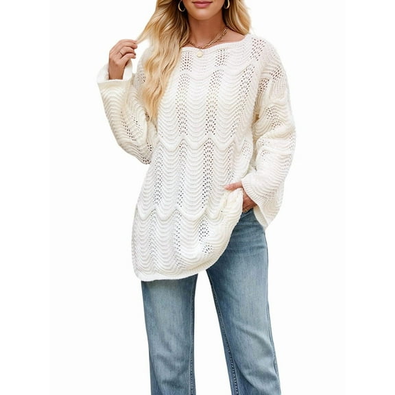 Women Shirts Knit Off-Shoulder Sweater Long Sleeve Crochet Hollow Out Boho Chic Pullover White M