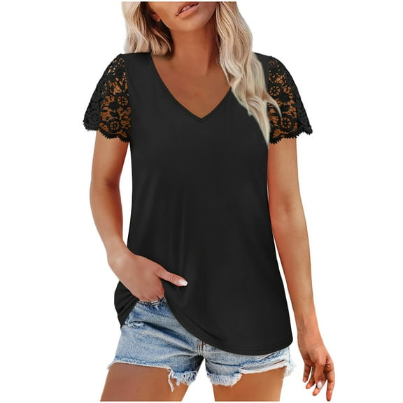 Women Shirts Lace Patchwork Short Sleeve T-Shirts Solid Color V Neck Shirt Office Business Dressy Blouses Summer Casual Loose Pullover Tops