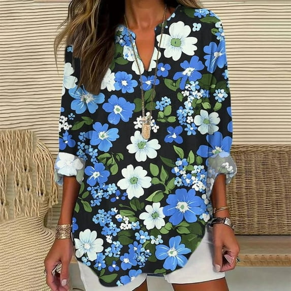 Women Shirts Long Sleeve Floral Tops For Women Spring Plus Size V Neck T Shirts Trendy Graphic Cotton Tunic Tops,Blue Women Shirts XL