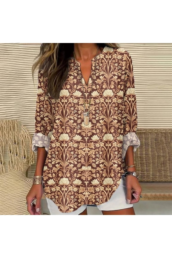 Women Shirts Long Sleeve Floral Tops For Women Spring Plus Size V Neck T Shirts Trendy Graphic Cotton Tunic Tops,Brown Women Shirts 3XL