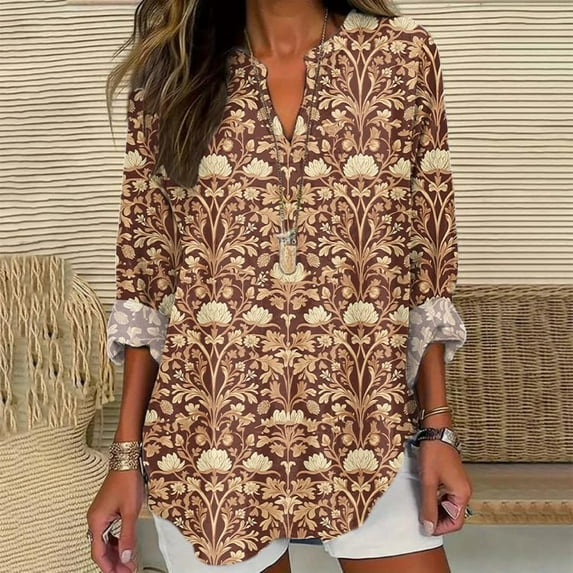 Women Shirts Long Sleeve Floral Tops For Women Spring Plus Size V Neck T Shirts Trendy Graphic Cotton Tunic Tops,Brown Women Shirts M