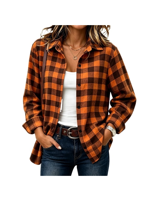 Women Shirts Long Sleeve Plaid Button Down Tops L