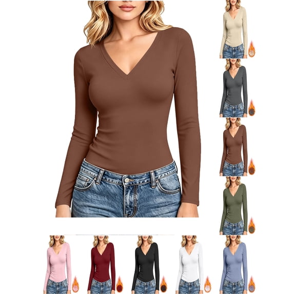 Women Shirts Long Sleeve Tops V Neck Lightweight Fashion Undershirts Basics Tops, Slim Fit, Base Layer, Thermal Underwear, Stretchy Fit, Casual Wear