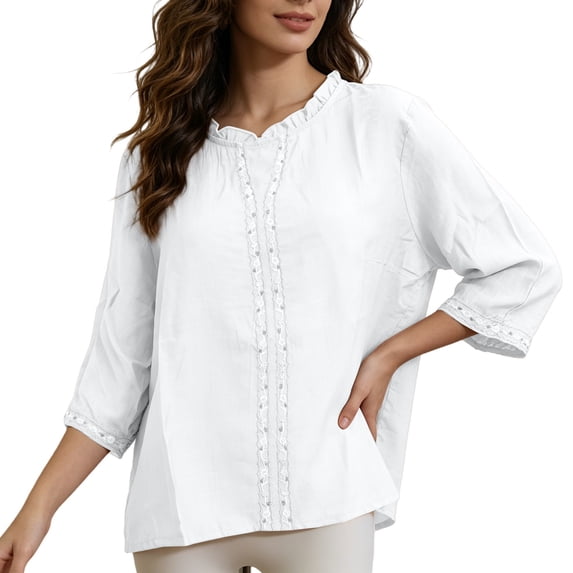 Women Shirts Neck Embroidered Short Sleeve Casual Blouse Top Holiday Gathering Daily Casual Outfit