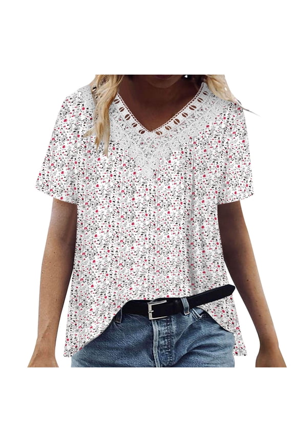 Women Shirts Print Short Sleeve Tops V Neck Lace Stitching Blouse