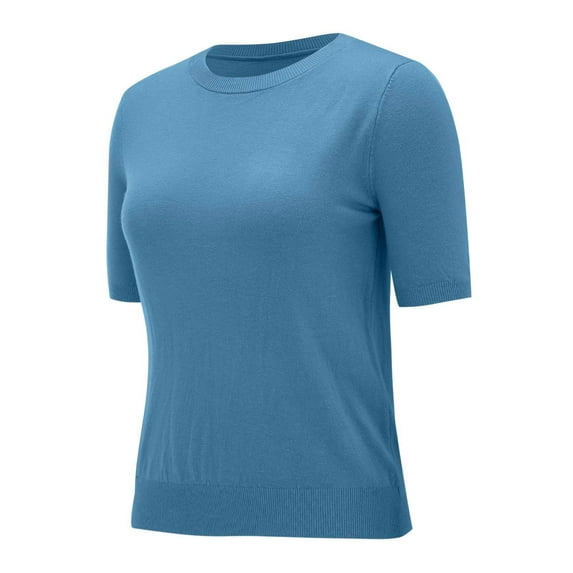 Women Shirts Summer Sweaters Short Sleeve Tunic Tops 2025 Dressy Casual Business Blouses Sky Blue M