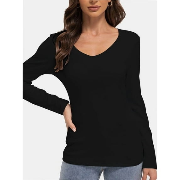 Women Shirts V Neck Long Sleeve Tops T-Shirt Basic Tees