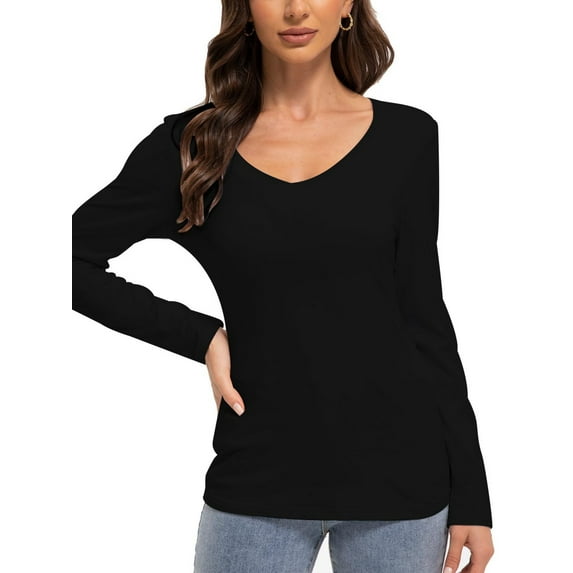 Women Shirts V Neck Long Sleeve Tops T-Shirt Basic Tees